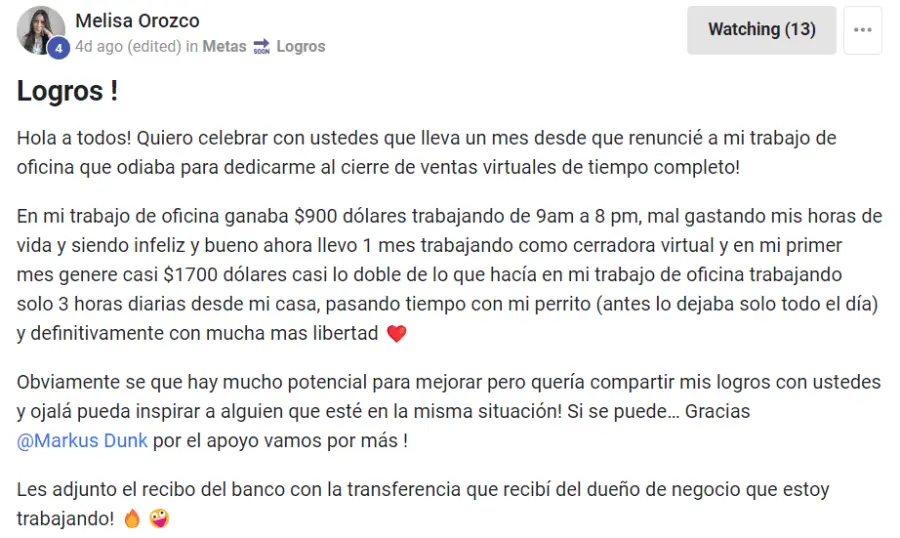 Logro compartido por Melisa Orozco